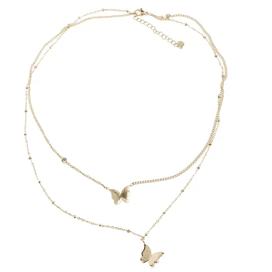 Lant dublu din inox placat cu aur galben 18k, pandantiv fluturi