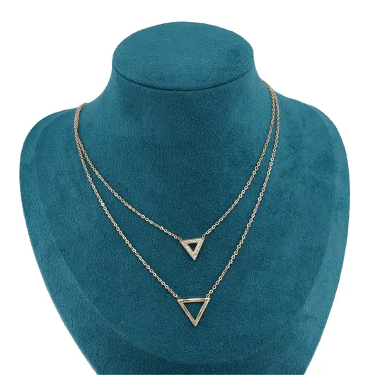 Lant dublu din inox placat cu aur galben 18k, pandantiv triunghi cu zirconiu, imagine 2