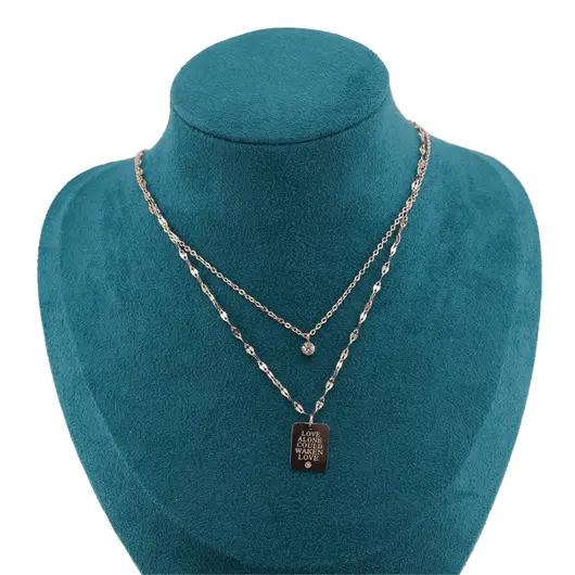 Lant dublu din inox placat cu aur roz 18k, pandantiv LOVE ALONE COULD WAKEN LOVE si zirconiu, imagine 2