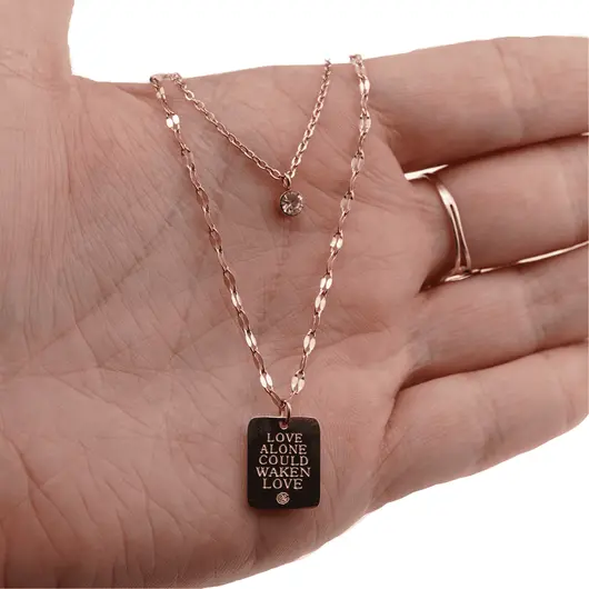 Lant dublu din inox placat cu aur roz 18k, pandantiv LOVE ALONE COULD WAKEN LOVE si zirconiu, imagine 3