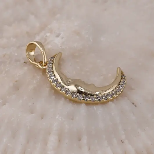 Pandantiv din cupru placat cu aur galben 18k model Luna cu zirconii, 19mm, imagine 2