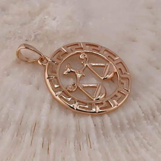 Pandantiv din cupru placat cu aur roz 18k rotund pentru zodia Balanta, 25mm, imagine 2