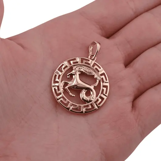 Pandantiv din cupru placat cu aur roz 18k rotund pentru zodia Capricorn, 25mm, imagine 3