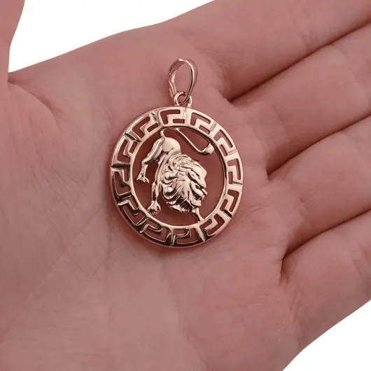 Pandantiv din cupru placat cu aur roz 18k rotund pentru zodia Leu, 25mm, imagine 3