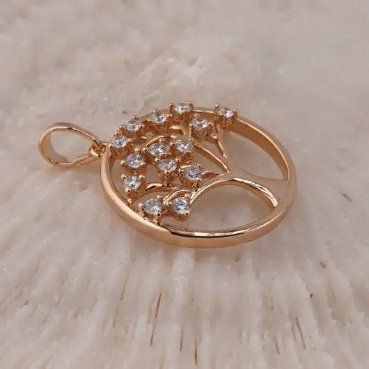 Pandantiv din cupru placat cu aur roz 18k rotund Pomul Vietii cu zirconii, 22mm, imagine 2