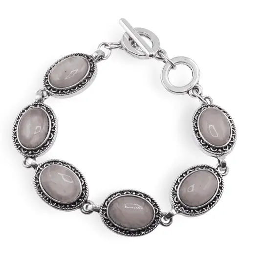 Bratara Cuart roz cu montura metalica ovala, 18,5cm