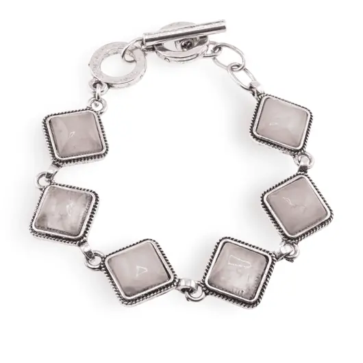 Bratara Cuart roz cu montura metalica romb, 18,5cm