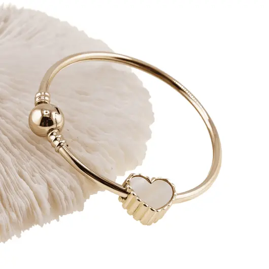 Bratara din cupru placat cu aur galben 18k fixa, model inima din sidef, imagine 3