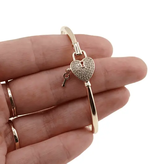 Bratara din cupru placat cu aur galben 18k fixa, model lacat inima, imagine 4