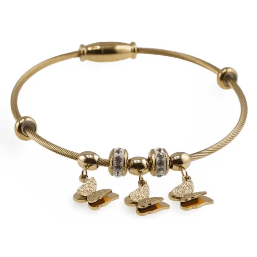 Bratara din cupru placat cu aur galben 18k fixa, model snake cu charm fluturasi, imagine 2
