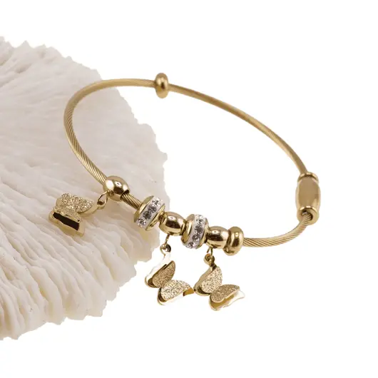 Bratara din cupru placat cu aur galben 18k fixa, model snake cu charm fluturasi, imagine 3