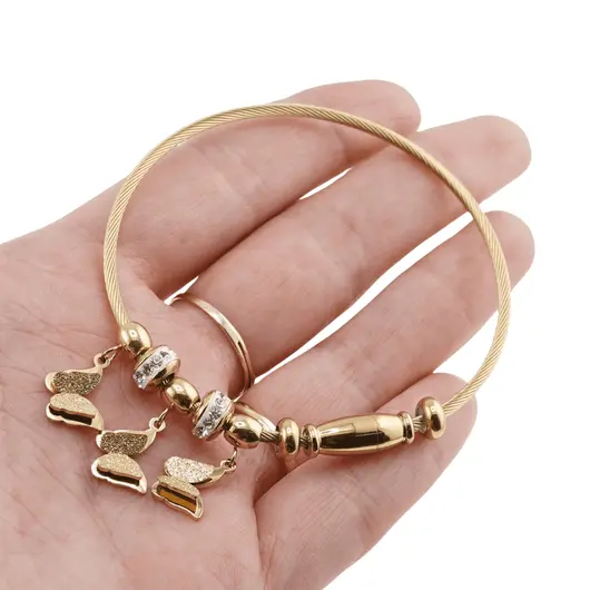 Bratara din cupru placat cu aur galben 18k fixa, model snake cu charm fluturasi, imagine 4