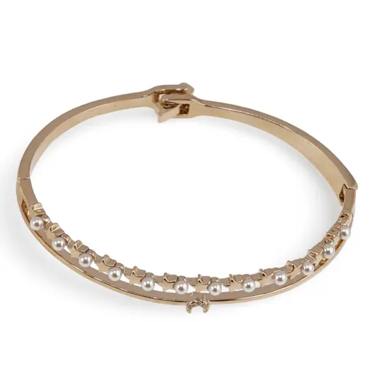 Bratara din cupru placat cu aur galben 18k fixa, model stelute si perle pe doua randuri, imagine 2