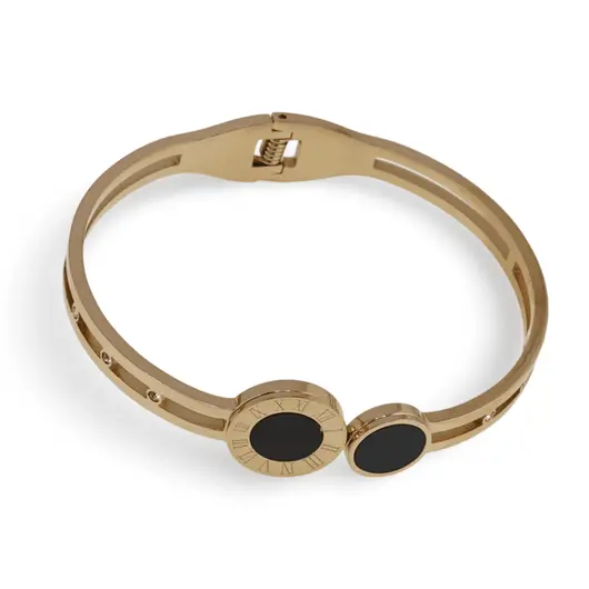 Bratara din cupru placat cu aur galben 18k fixa, numere romane si dublu charm, imagine 2