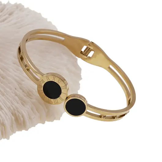 Bratara din cupru placat cu aur galben 18k fixa, numere romane si dublu charm, imagine 3