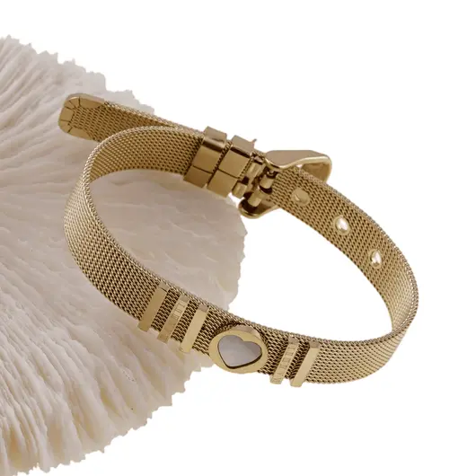 Bratara din cupru placat cu aur galben 18k, model curea cu inima din sidef, imagine 3