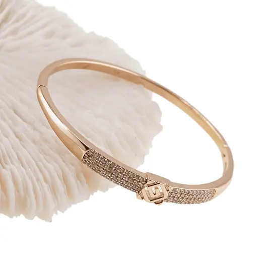 Bratara din cupru placat cu aur roz 18k fixa, model patrat central cu zirconii, imagine 3