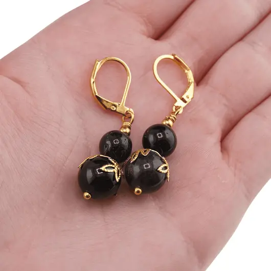 Cercei cu agatatoare Obsidian auriu sfere si flori aurii, 8-10mm, imagine 4