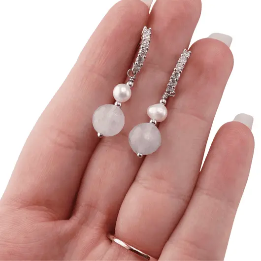 Cercei cu surub Acvamarin si Perle de cultura cu baza de Argint 925 semirotunda cu zirconii, 5-8mm, imagine 4