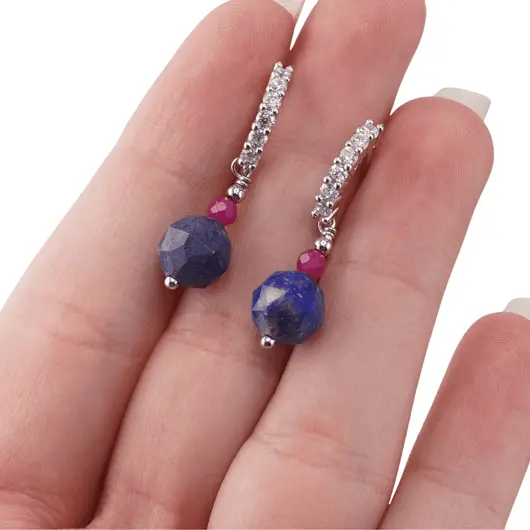 Cercei cu surub Lapis Lazuli si Rubin cu baza de Argint 925 semirotunda cu zirconii, 3-8mm, imagine 3