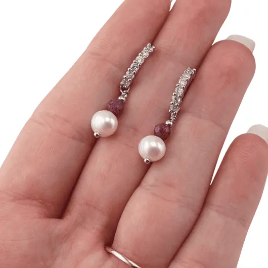 Cercei cu surub Rubin si Perla cu baza de Argint 925 semirotunda cu zirconii, 4-6mm, imagine 3