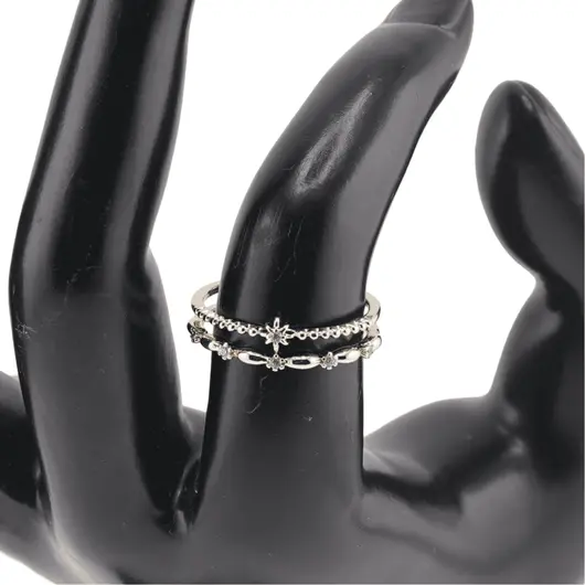 Inel reglabil Cupru placat cu Aur galben 14k, pe doua randuri cu stea si flori de zirconiu, imagine 3