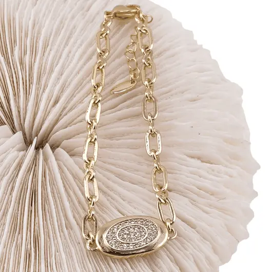 Bratara din cupru placat cu aur galben 18k cu element central oval si zirconii, imagine 2