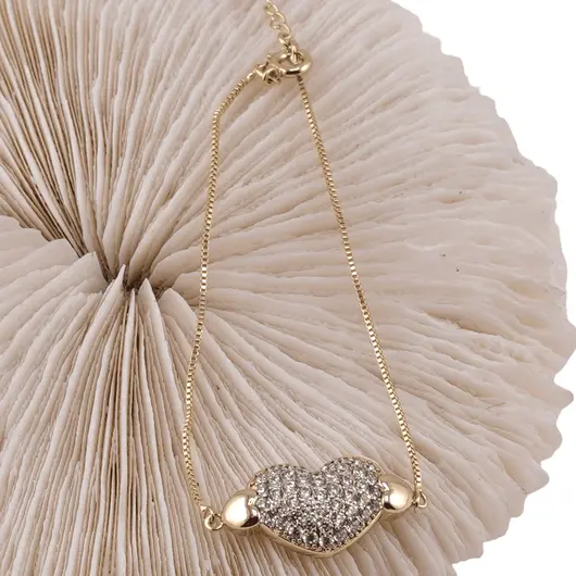 Bratara din cupru placat cu aur galben 18k, model inima cu zirconii si Hamsa, imagine 2