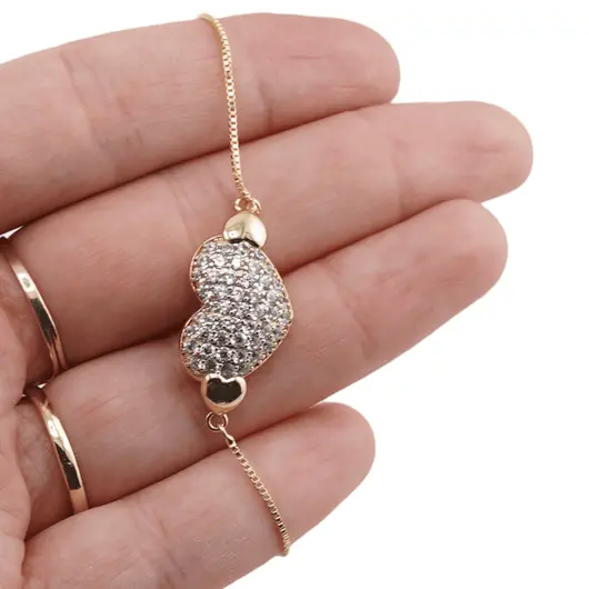 Bratara din cupru placat cu aur galben 18k, model inima cu zirconii si Hamsa, imagine 3