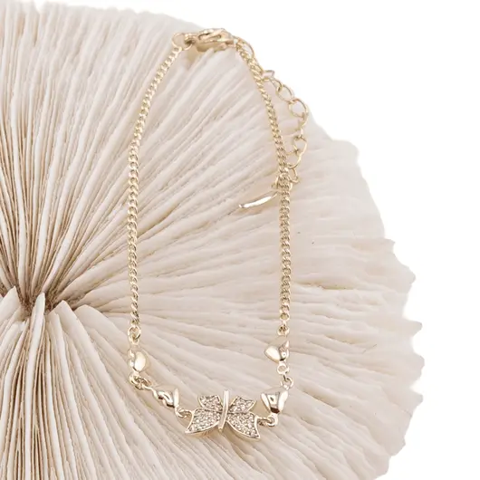 Bratara din cupru placat cu aur galben 18k, model inimioare si fluture, imagine 2