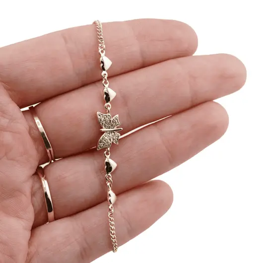 Bratara din cupru placat cu aur galben 18k, model inimioare si fluture, imagine 3