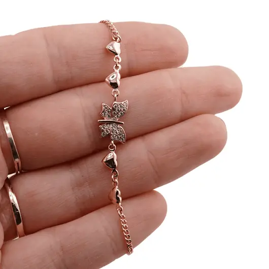 Bratara din cupru placat cu aur roz 18k, model inimioare si fluture, imagine 3