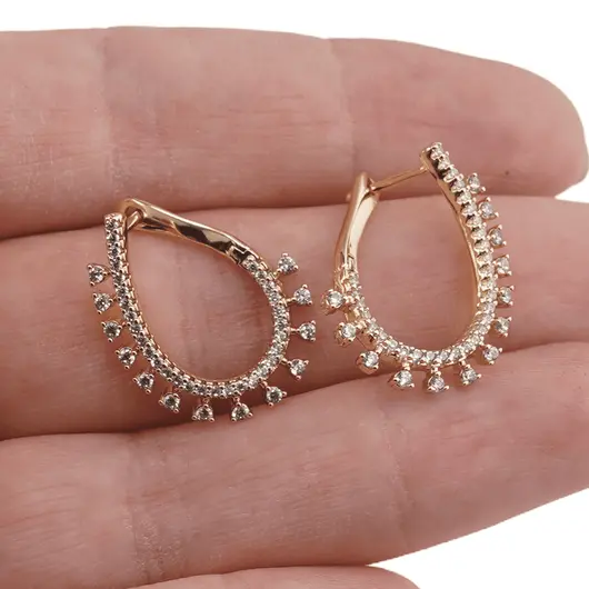 Cercei din cupru placat cu aur galben 14k model oval cu zirconii, imagine 3