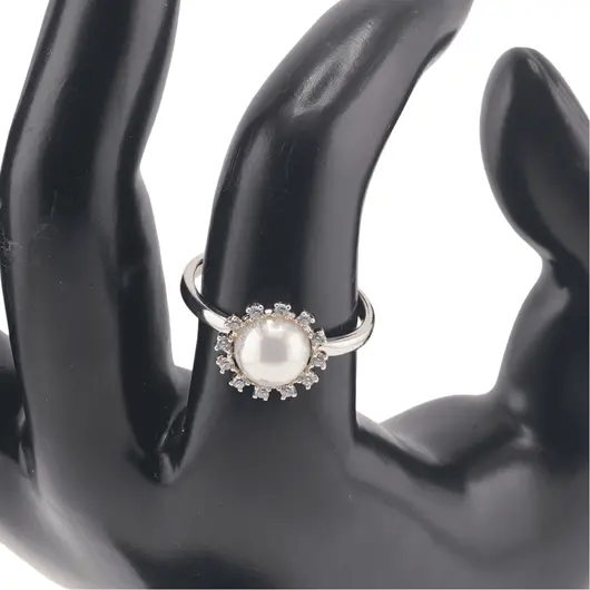 Inel reglabil Cupru placat cu Aur galben 14k, model rotund cu perla si zirconiu, imagine 3