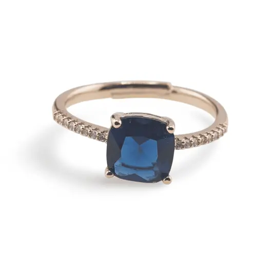 Inel reglabil Cupru placat cu Aur roz 14k, model clasic cu zirconiu albastru