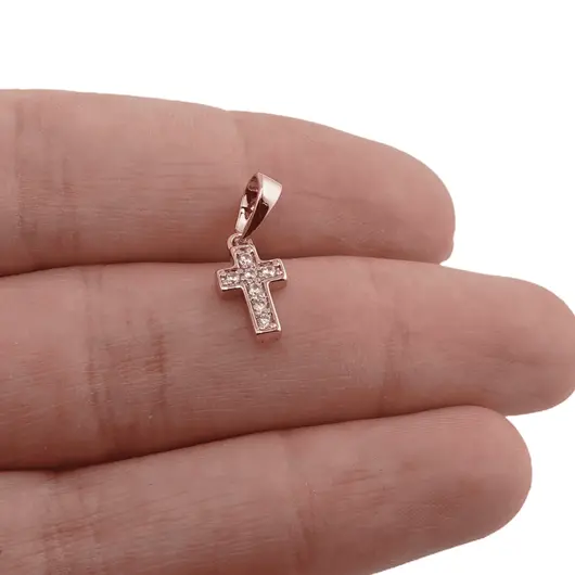 Pandantiv cupru placat cu aur roz 14k cruciulita cu zirconii, 10mm, imagine 3