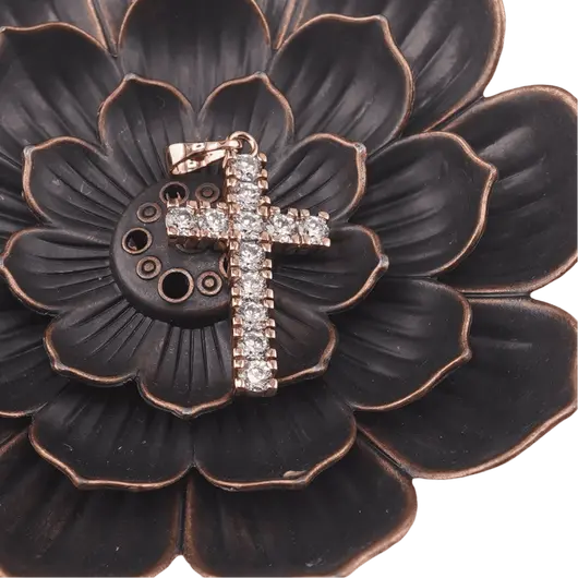 Pandantiv cupru placat cu aur roz 14k, model cruce clasic cu zirconii, imagine 2