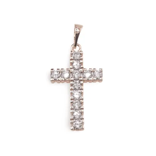 Pandantiv cupru placat cu aur roz 14k, model cruce clasic cu zirconii
