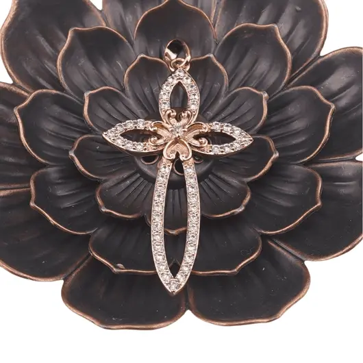 Pandantiv cupru placat cu aur roz 14k model cruce cu floare, 45mm, imagine 2
