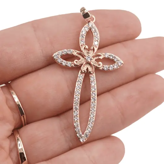 Pandantiv cupru placat cu aur roz 14k model cruce cu floare, 45mm, imagine 3