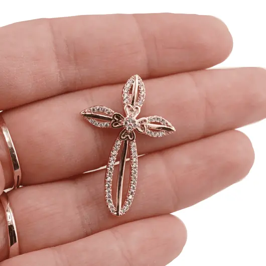 Pandantiv cupru placat cu aur roz 14k, model cruce cu floare, imagine 3