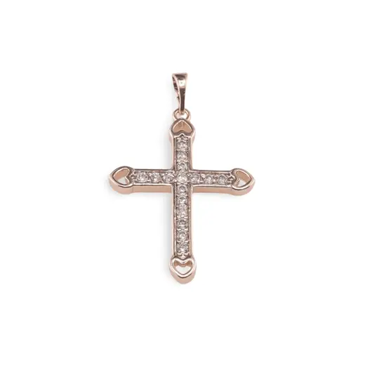 Pandantiv cupru placat cu aur roz 14k, model cruce cu incrustatie de zirconiu
