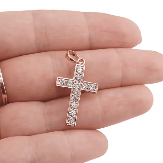 Pandantiv cupru placat cu aur roz 14k, model cruce cu zirconii incrustate, imagine 3