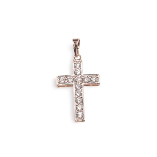 Pandantiv cupru placat cu aur roz 14k, model cruce cu zirconii incrustate