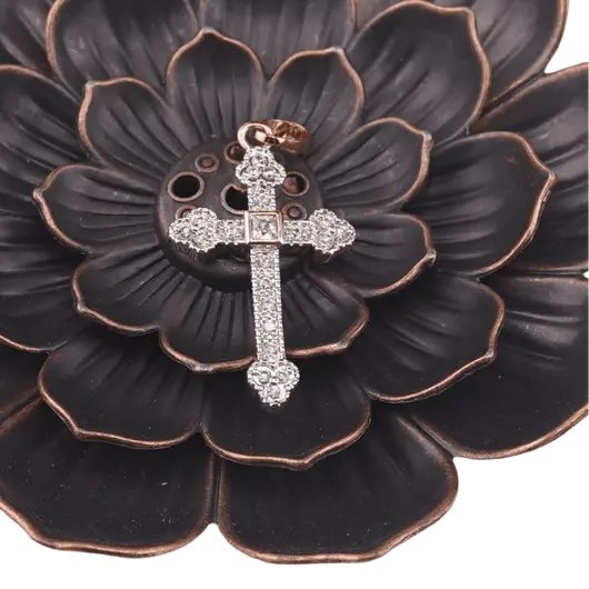 Pandantiv cupru placat cu aur roz 14k, model cruce cu zirconiu cubic central, imagine 2