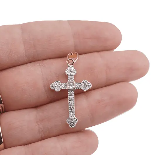 Pandantiv cupru placat cu aur roz 14k, model cruce cu zirconiu cubic central, imagine 3