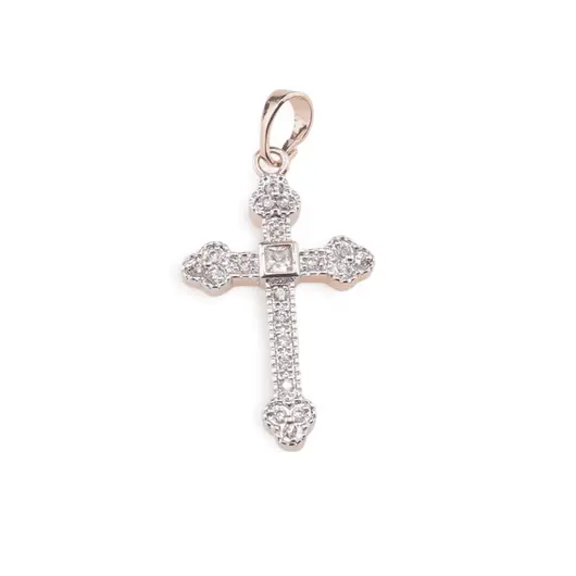 Pandantiv cupru placat cu aur roz 14k, model cruce cu zirconiu cubic central