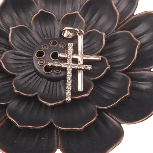 Pandantiv cupru placat cu aur roz 14k, model dublu cruce, imagine 2