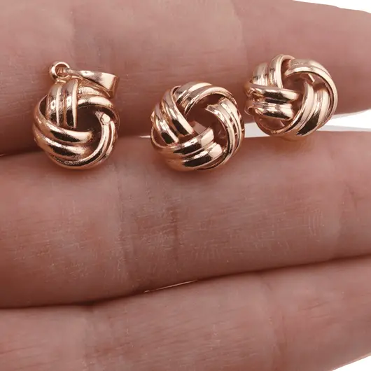 Set Cercei si Pandantiv din cupru placat cu aur galben 14k model impletit, imagine 3