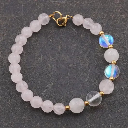 Bratara Cuart roz si Angel Aura Cuart sfere cu bumbi aurii, 6-8mm